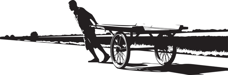 Fototapeta premium Man pushing a cart in a rural landscape setting