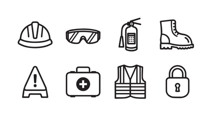 Fototapeta premium Construction Safety Gear Icons: Hard Hat, Goggles, Fire Extinguisher, Boots, First Aid, Vest, Lock