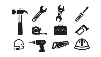 Obraz premium Construction Tools Icons Set - Hammer, Wrench, Screwdriver, Drill, Saw, Safety Helmet, Tape Measure, Briefcase