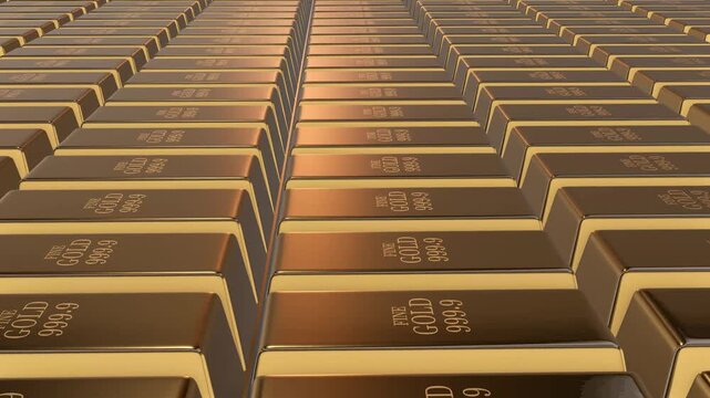 Gold bars stacked in rows in a warehouse