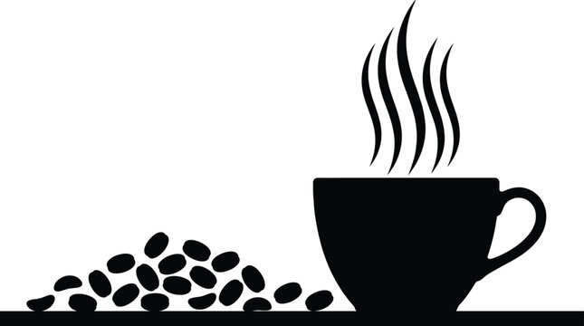 Coffee culture silhouette icon with steaming cup and beans symbolizing warmth, energy, morning routine, and beverage themes