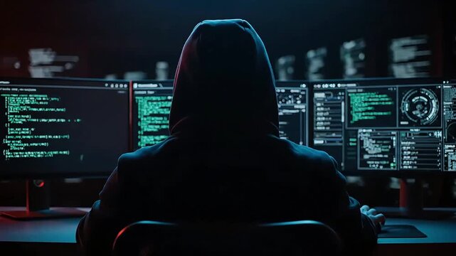 Anonymous Hooded Hacker Working on Multiple Computer Screens with Source Code in Dark Cybersecurity Environment