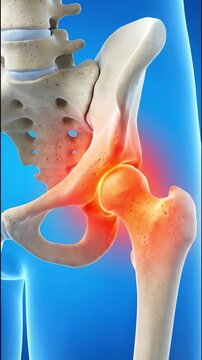 Detailed 3d rendering of the human hip joint and pelvic bone structure with highlighted pain area, suitable for medical diagrams, health education, anatomy studies, orthopedic presentations.