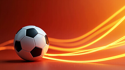 Naklejka premium A classic soccer ball rests against a vivid orange backdrop, wrapped in swirling light trails that suggest motion, energy, impact, and the electric tension of a game about to ignite. 