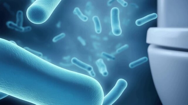 Microscopic view of bacteria floating in the air near a toilet, highlighting hygiene and sanitation issues.