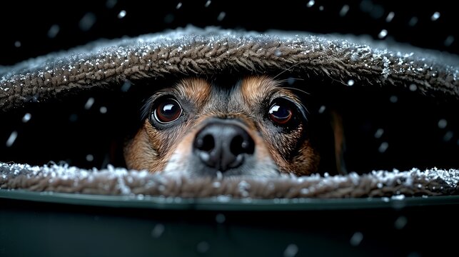 Tiny furry creature observes wintery scene through snowcovered container with soulful eyes