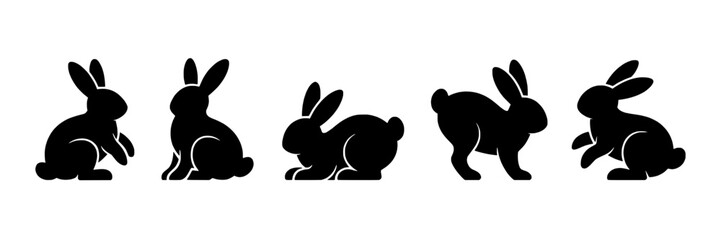 Fototapeta premium Bunnies silhouette set with various poses and black color featuring animals, vector, illustration with cute and nature elements for spring, Easter projects, clean composition on simple background