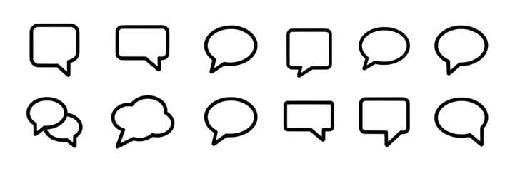 Speech bubbles set with various shapes and sizes in black and white line art style for communication design and messaging featuring chat, conversation, icons with vector and talk elements for