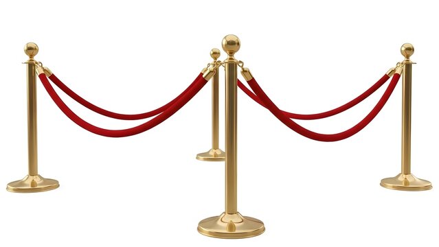 Red velvet ropes and golden stanchions arranged in a row on a plain white background from a front viewpoint