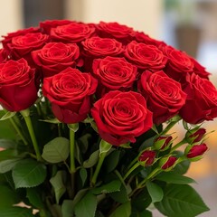 Obraz premium A beautiful bouquet of blooming red roses and delicate pink blossoms makes a perfect floral gift for a romantic Valentine's Day anniversary or wedding celebration of love and beauty