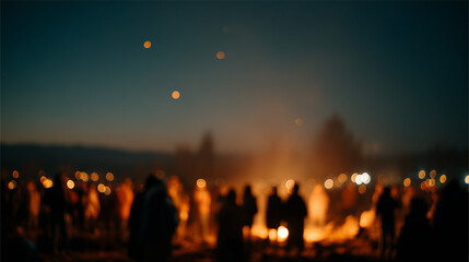 Fototapeta premium Qoyllur Rit'i, Silhouettes of worshippers gathered around ceremonial fire during Qoyllur Rit’i pilgrimage night ritual in remote high altitude Andes Peru