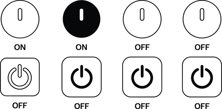 Minimal power button on and off toggle line icons set for user interface control and technology design