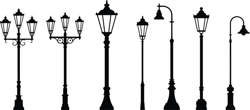Vintage street lamp silhouette collection featuring classic ornamental urban lighting posts isolated for architectural exterior design illustration set