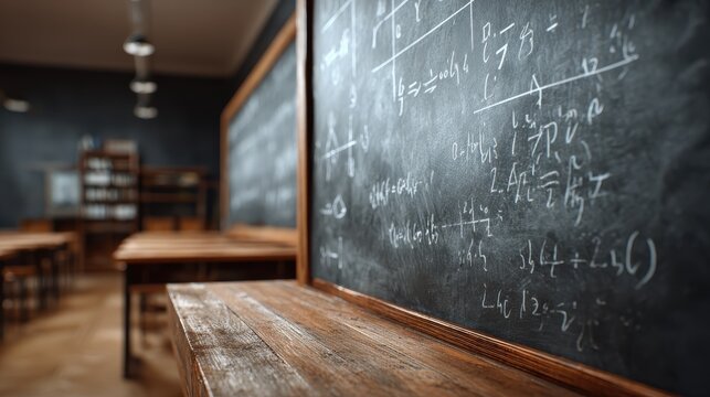 Blank chalkboard in a classroom with mathematical formulas erased/blurred on edges, education copy space