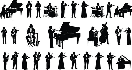 Vector, black, silhouette, illustration, set, of, various, professional, musicians, playing, instruments, including, piano, violin, trumpet, and, drums, for, orchestra, concert, and, music, design © MDRAZIURRAHMAN