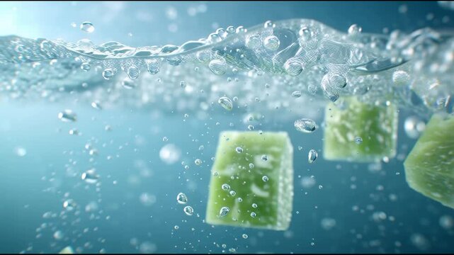 Dynamic close-up Vibrant green cubes plunge into crystal clear water, creating refreshing splashes and effervescent bubbles, symbolizing invigorating freshness and cool vitality