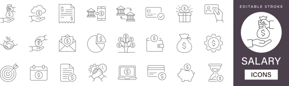 Salary Icons Set. Includes Payroll, Wage, Payment, Income, Bonus, and Tax Symbols