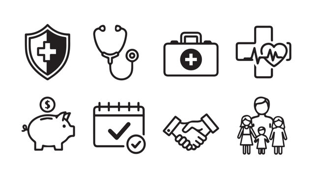 Healthcare icons: Shield, stethoscope, first aid kit, heart, piggy bank, calendar, handshake, family