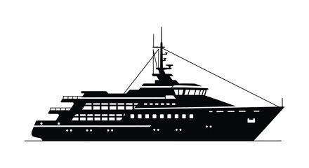 A sleek black and white silhouette depicts a large luxury yacht sailing on calm waters suggesting wealth high quality professional