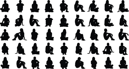 Black silhouette collection of seated people in diverse relaxed poses, sitting positions, body language variations, vector artwork for  © MDAHOSAN