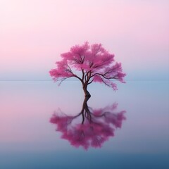 Tree with pink flowers reflection in water wallpaper.