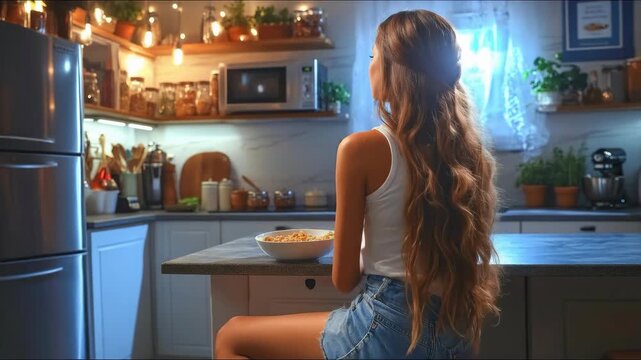 A young woman satisfying her night hunger, indulging in a comforting late evening snack, relaxing alone in her modern, beautifully illuminated kitchen, a serene pause of personal joy