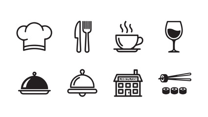 Restaurant Icons: Chef Hat, Cutlery, Coffee, Wine, Cloche, Building, Sushi Set