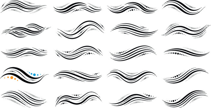 Abstract black wavy lines collection, dynamic flowing swirls and elegant swoosh vector elements set for graphic design.