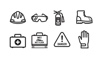 Safety Gear Icons: Hard Hat, Goggles, Fire Extinguisher, Boot, First Aid, Wet Floor, Danger Sign, Glove