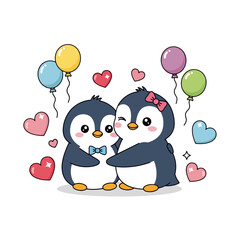 Fototapeta premium Two cute penguins share a tender moment with hearts and balloons around them.