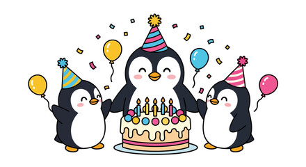Three penguins celebrate birthday with cake and balloons © SiyamolHasan