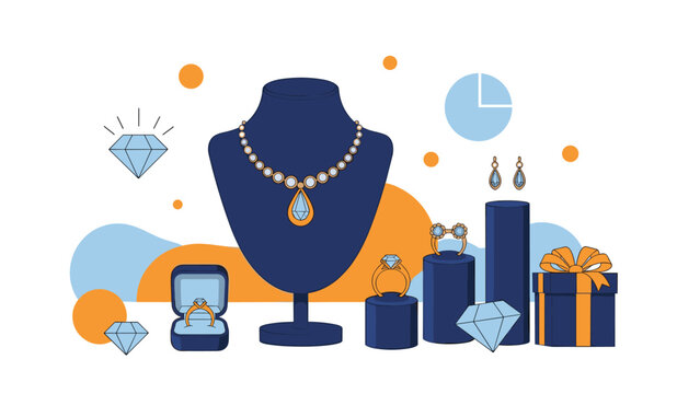 Elegant display of luxury jewelry featuring a diamond necklace on a mannequin, rings, earrings, and a beautiful blue gift box.