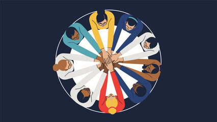 Obraz premium Diverse group of people stand in a circle with their hands joined in the center from a birds eye view representing unity and teamwork in society.