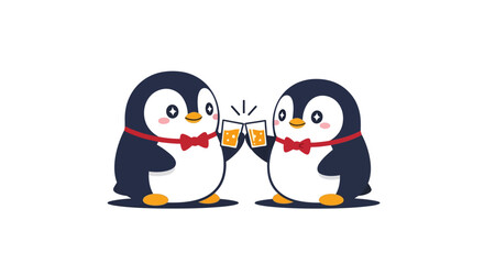 Fototapeta premium Two penguins wearing bow ties toast with beer glasses in a fun illustration