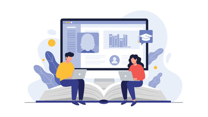 Two people work on laptops while sitting on a massive open book in front of a giant monitor showing educational and career content for learning.