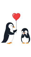 Fototapeta premium Two penguins share a tender moment with a heart-shaped balloon on a white background.
