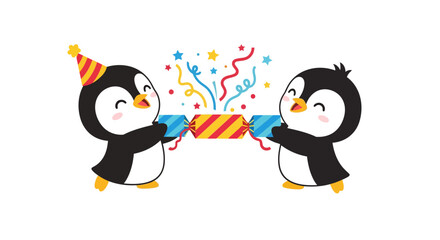 Naklejka premium Two penguins hold a wrapped gift with party hats and confetti popping.