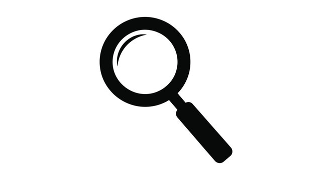 A simple black silhouette of a magnifying glass is displayed against a plain white background high quality professional