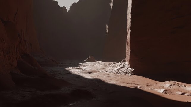Muddy torrent flowing through a deeply gouged canyon landscape with sunlight and shadows
