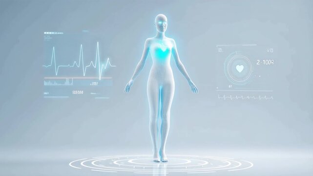 Futuristic digital hologram of a human body with health data and biofeedback in a modern environment.