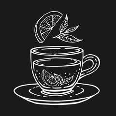 Glass cup of tea, lemon slices, tea leaves. Hand drawn vector illustration in outline style.