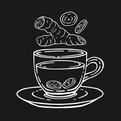 Glass cup of tea, ginger. Hand drawn vector illustration in outline style.