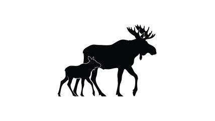 Fototapeta premium a striking black silhouette of a moose and its calf against a white background