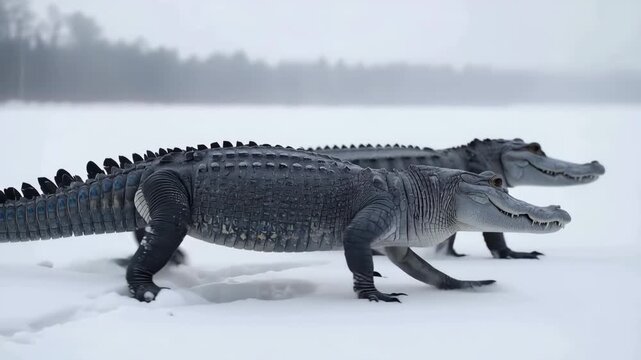 Gators move slowly on a snowy surface in winter