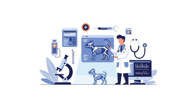 Male veterinarian analyzing multiple dog skeleton X-rays on a large screen with diverse medical equipment for