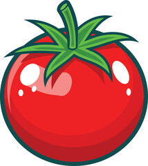 A vibrant illustration of a ripe red tomato with green leaves