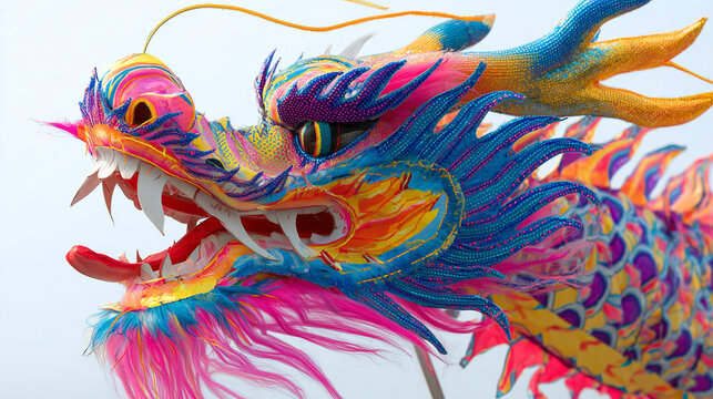 Dragon Dance Festival, Close up of vibrant handcrafted Chinese dragon head artwork used in dragon dance parade, showcasing intricate traditional craftsmanship and festival colors