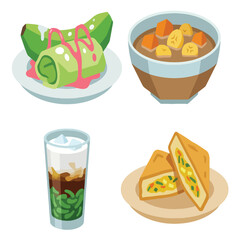 Indonesian Ramadan Takjil Sweet Dessert Food Set. Iftar Fasting Break Snack Menu Icon Collection