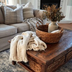 Obraz premium Cozy living room with throw blanket.