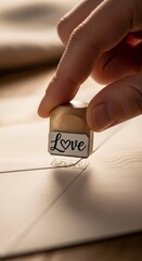 Hand holding love stamp on paper.